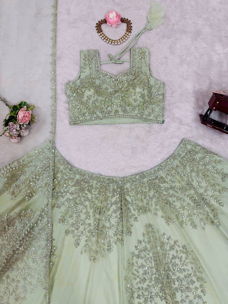 Exquisite Soft Butterfly Net Pista color Lehenga Choli with Sequence Coding Work