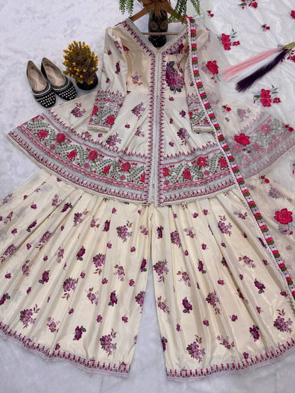 Heavy Natural Crepe Silk Peplum Top with Sharara & Dupatta Set