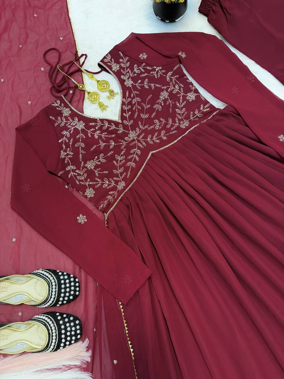 Elegant Faux Georgette Gown Set with Hand-Crafted Beading