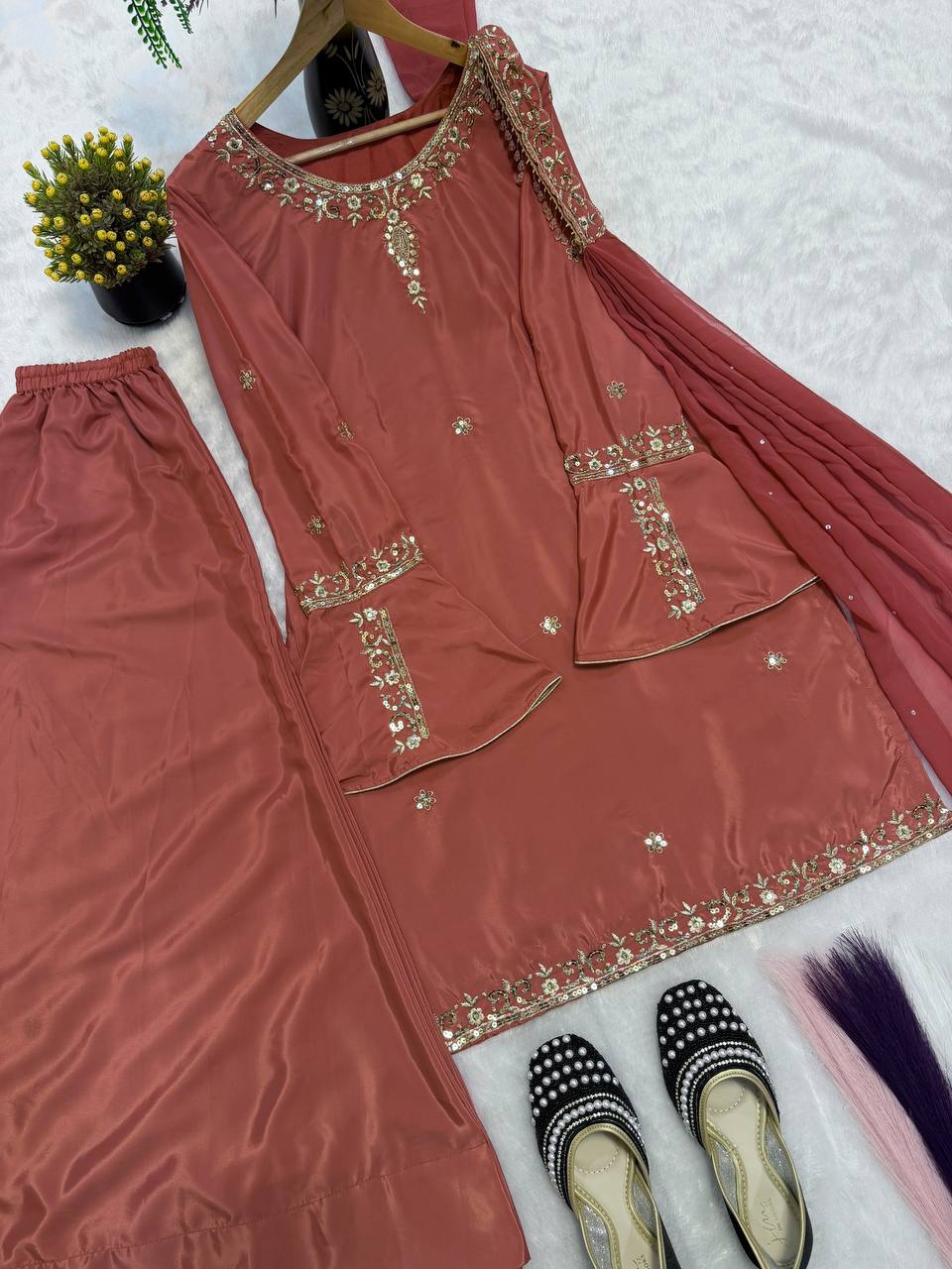 Heavy Natural Crepe Silk Embroidered Sharara Suit Set