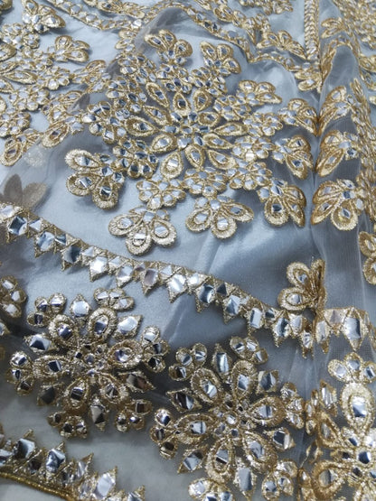 Elegant Gray Net Lehenga Choli with Mirror Jari Embroidery