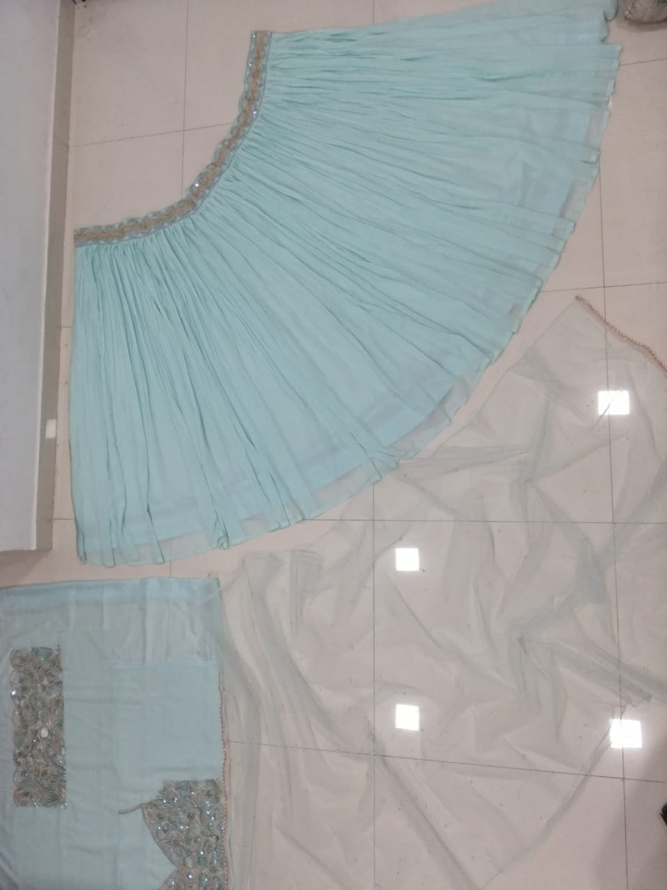Turquoise Georgette Crush Work Lehenga Set