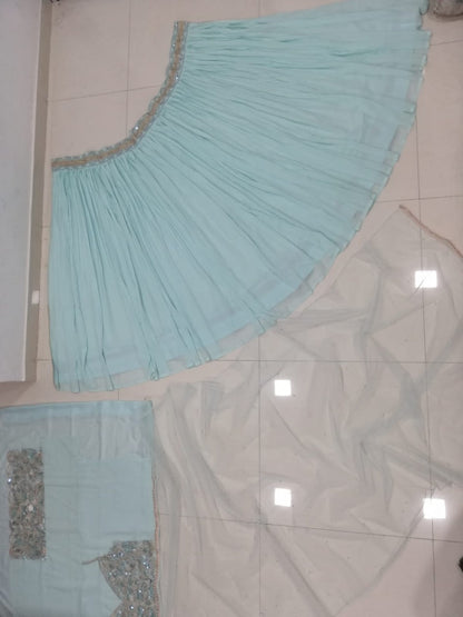 Turquoise Georgette Crush Work Lehenga Set