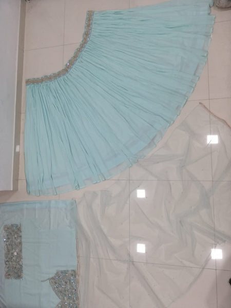 Turquoise Georgette Crush Work Lehenga Set
