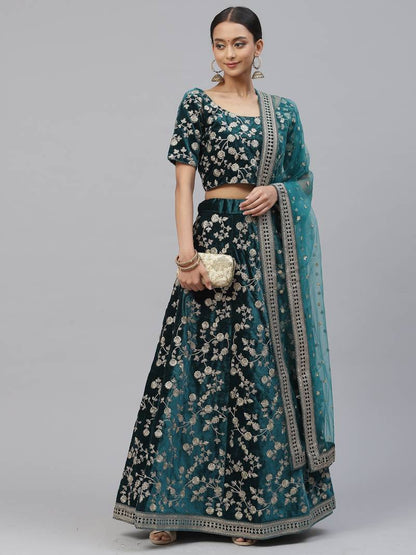 Premium 9000 Velvet Embroidered Lehenga Choli Set with Sequins & Coding Work
