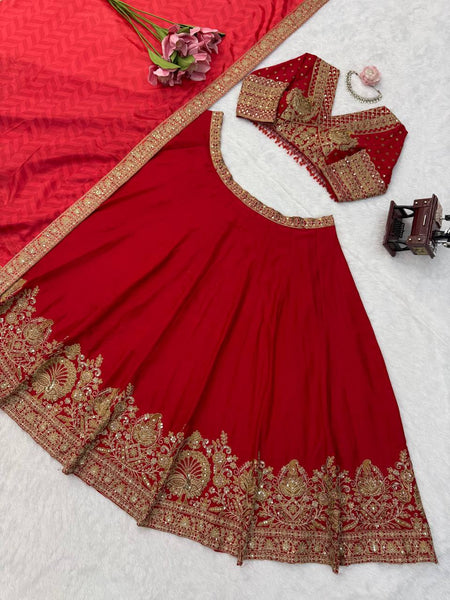 Opulent Red Chinon Silk Lehenga Set with Heavy Coding & Sequins Work