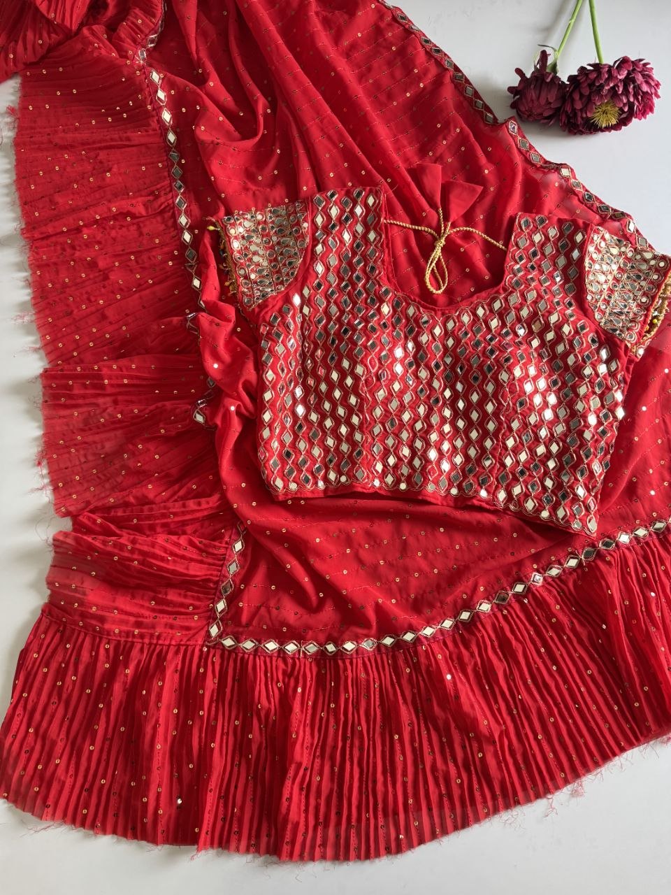 Sequins Faux Georgette Saree with Crush Pleats & Stitched Real Mirror Work Blouse