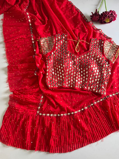 Sequins Faux Georgette Saree with Crush Pleats & Stitched Real Mirror Work Blouse