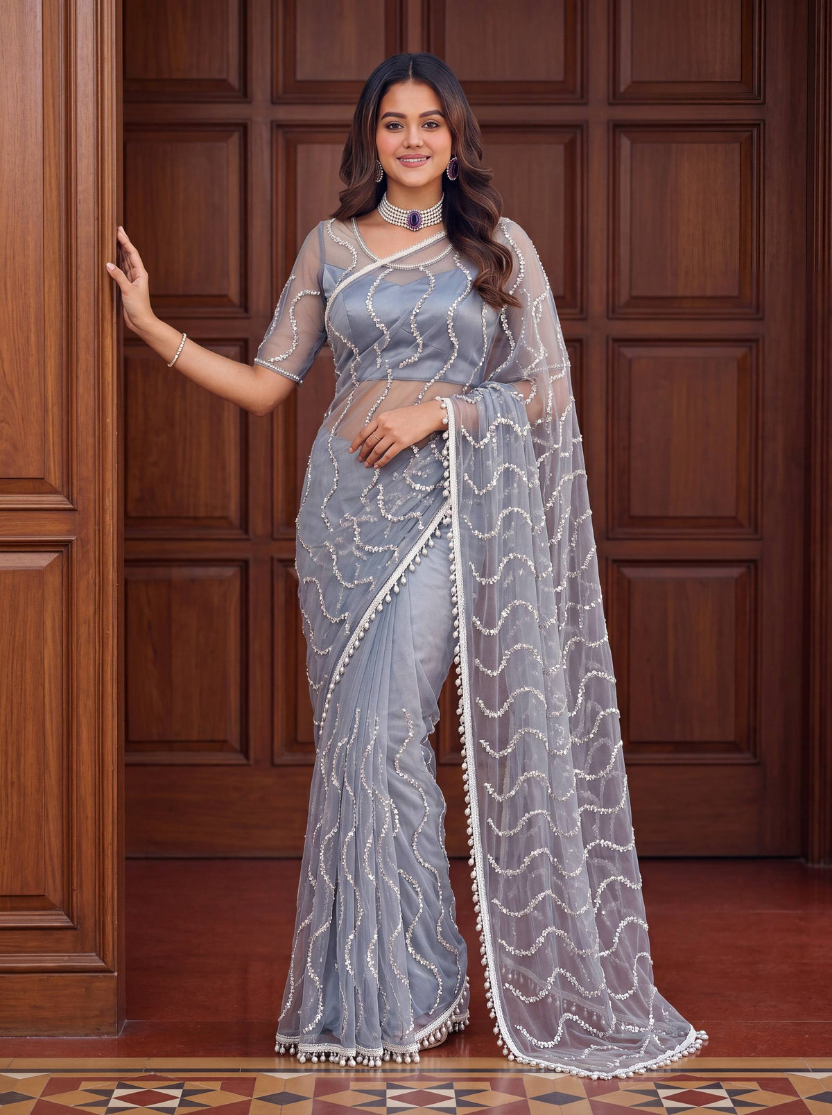 designer Net Embroidered Saree with Beads, Sequins & Pearl Work | Matching Unstitched Blouse