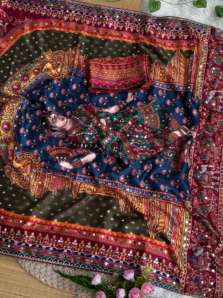 Silk Crepe Printed Saree with Hand Real Mirror Work & Moti Tassels