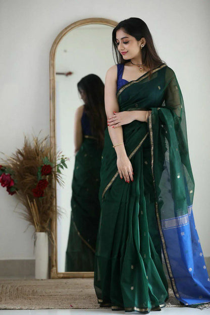 Elegant Soft Linen Slub Saree with Rich Jacquard Weave & Contrast Border Blouse