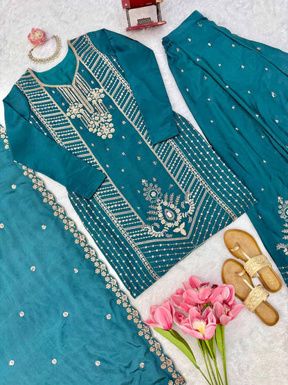 SP-107 teal Chinon silk suit fabric and embroidery detail