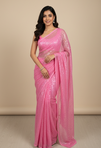 Pink Georgette Embroidery work saree