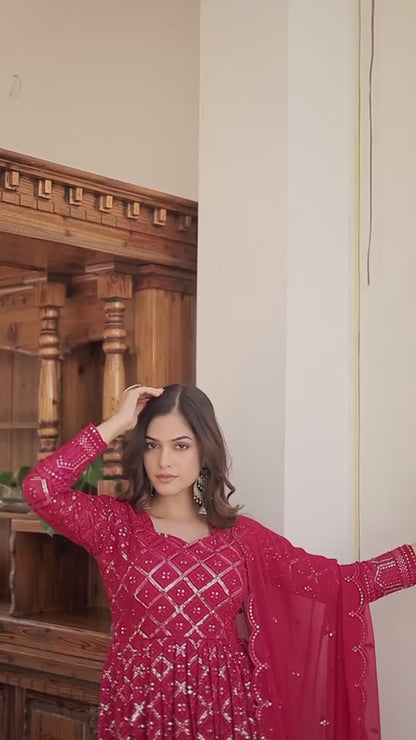 Beautiful Georgette Sequence Embroidery Work Gown With Dupatta