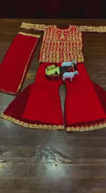 Red color party wear net Sharara plazo suit set
