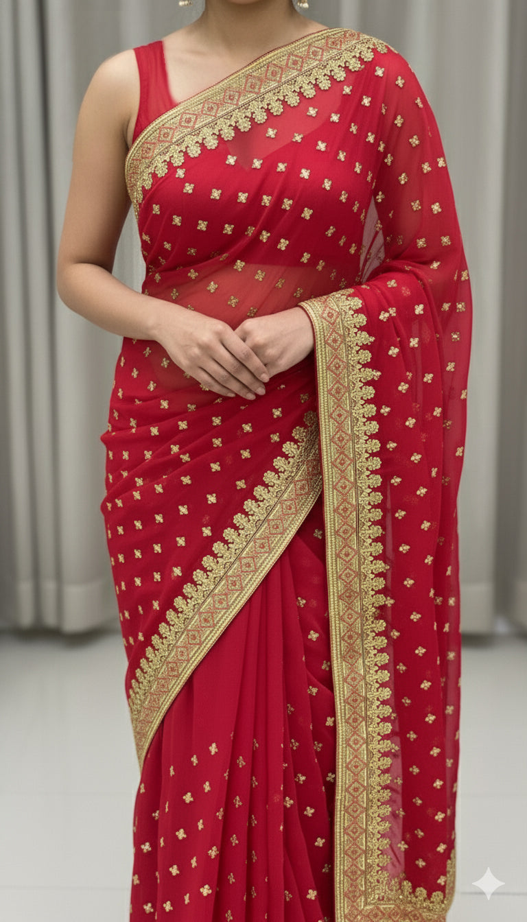 Red Georgette Embroidery Saree