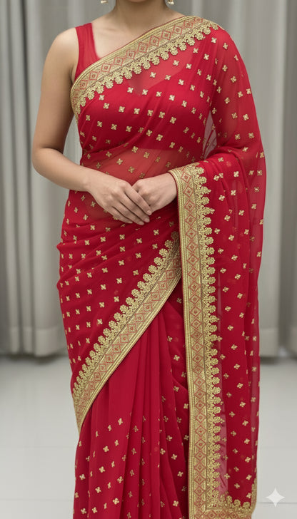 Red Georgette Embroidery Saree