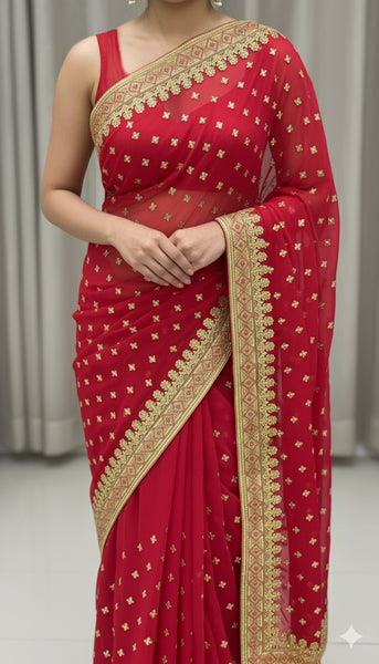 Red Georgette Embroidery Saree