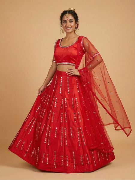 Exquisite Malai Satin Silk Embroidered Lehenga Choli with Real Mirror Work