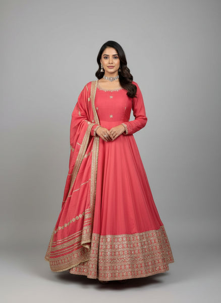 Premium Pink Chinon Silk Anarkali Suit Set