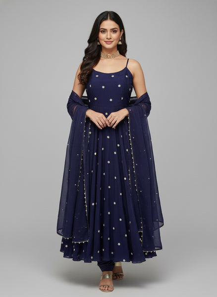 Elegant Navy Blue Fendy Silk Embroidered Anarkali Suit Set with Moti-Lace Dupatta
