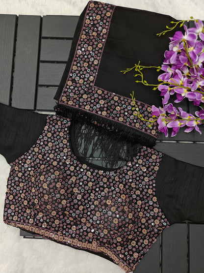 Black Rangoli Silk Fabric With Designer Sequence Work Saree