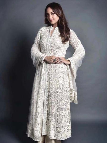 Gorgeous White Color Georgette Ready Made Embroidered Work Gown With Dupatta