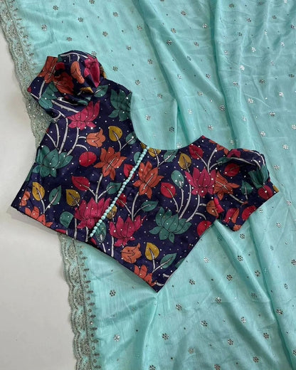 Soft Art Silk pallu sequence zari work saree with printed blouse