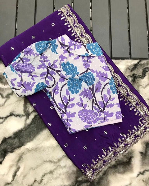 Soft Art Silk pallu sequence zari work saree with printed blouse