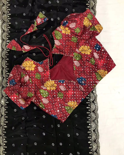 Soft Art Silk pallu sequence zari work saree with printed blouse