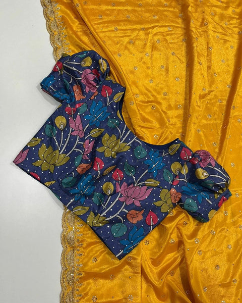 Soft Art Silk pallu sequence zari work saree with printed blouse