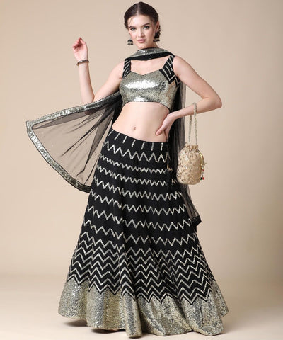 Novelty Black Color Georgette Zari Sequence Work Lehenga Choli Design