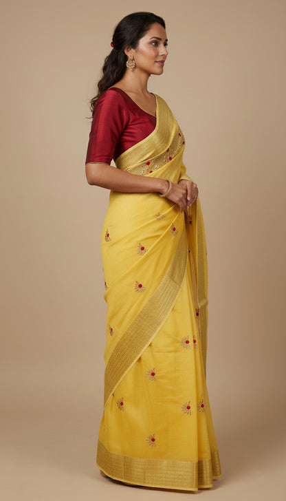Yellow Color Chander Cotton Gota patti Saree