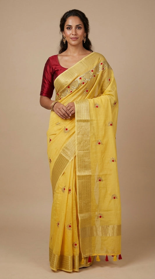 Yellow Color Chander Cotton Gota patti Saree