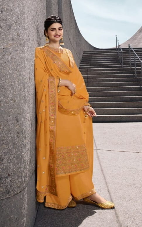 Admirable Apricot Color Designer Embroidered Work Satin Georgette Salwar Suit For Wedding Wear