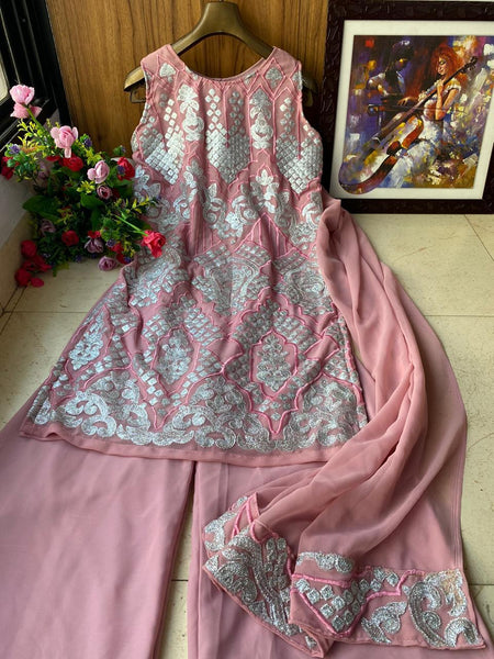 Peach Color Georgette Embroidered Fully Stitched Salwar Suit Palazzo Set