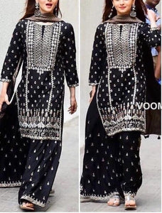 Scenic Black Color Georgette Fabric Thread Embroidered Semi Stitched Kurta Plazo Suit For Women
