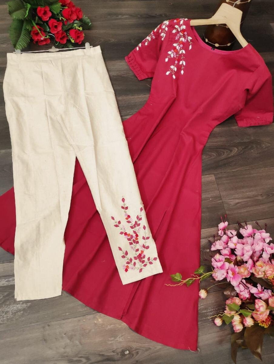 Ruby Color Party Wear Flex Cotton hand Work Full Stitched Pent Kurti