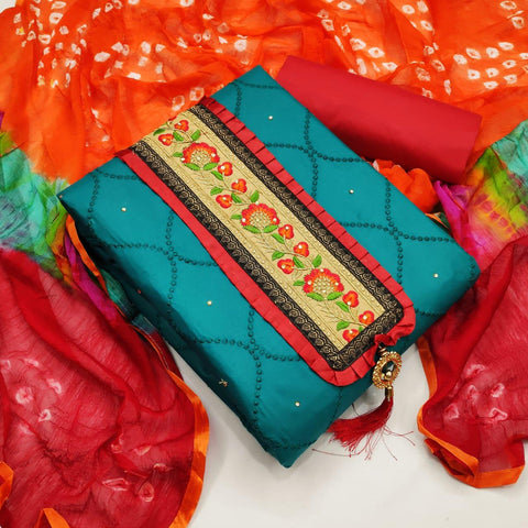 Azure Color Party Wear Glace Cotton Embroidered Work Salwar Suit