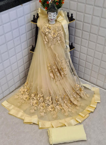 Elegant Cream Color Soft Net Fancy Pearl Flower Stone Embroidered Work Saree Blouse For Wedding Wear