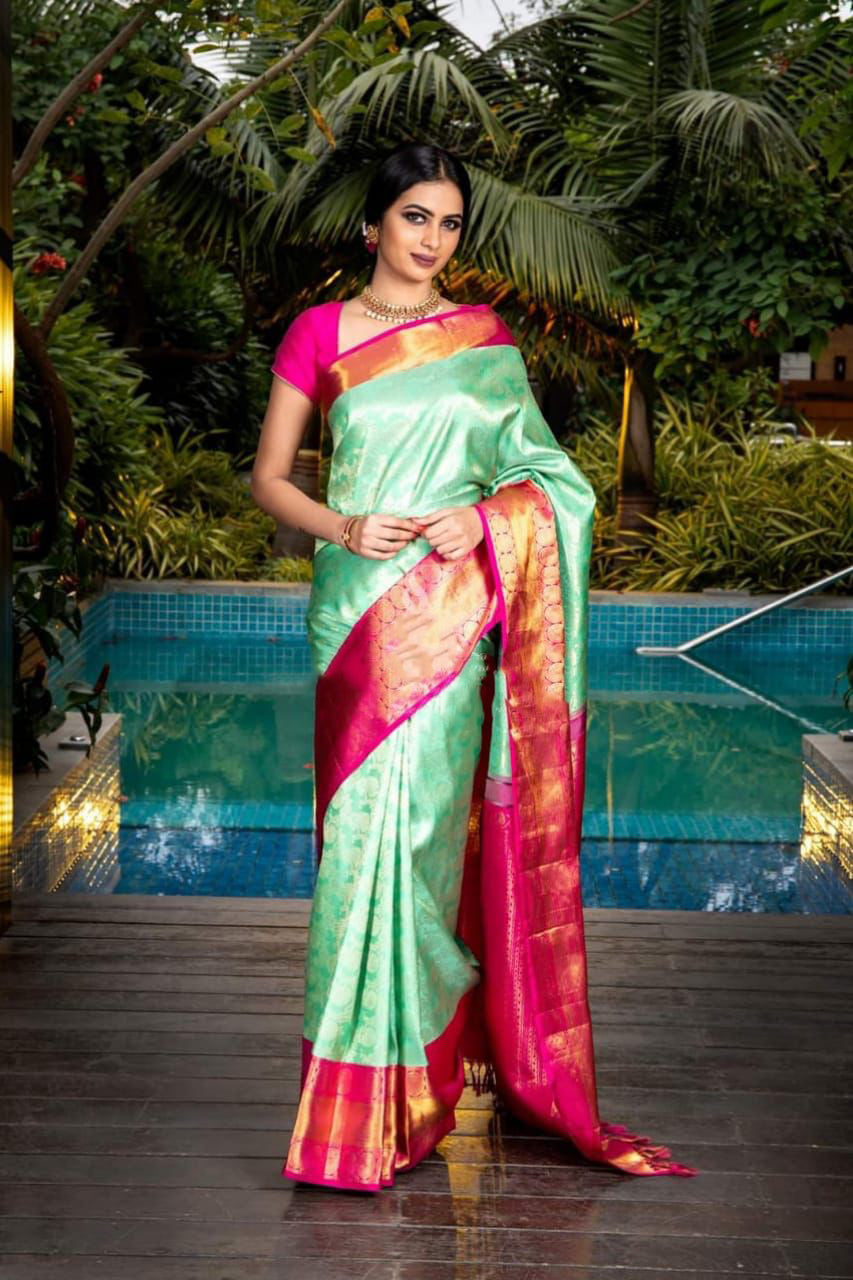Dark Green & Magenta with Long Broder Soft Silk Pure Kanchivaram Silk Saree  - Sri Arya Silks