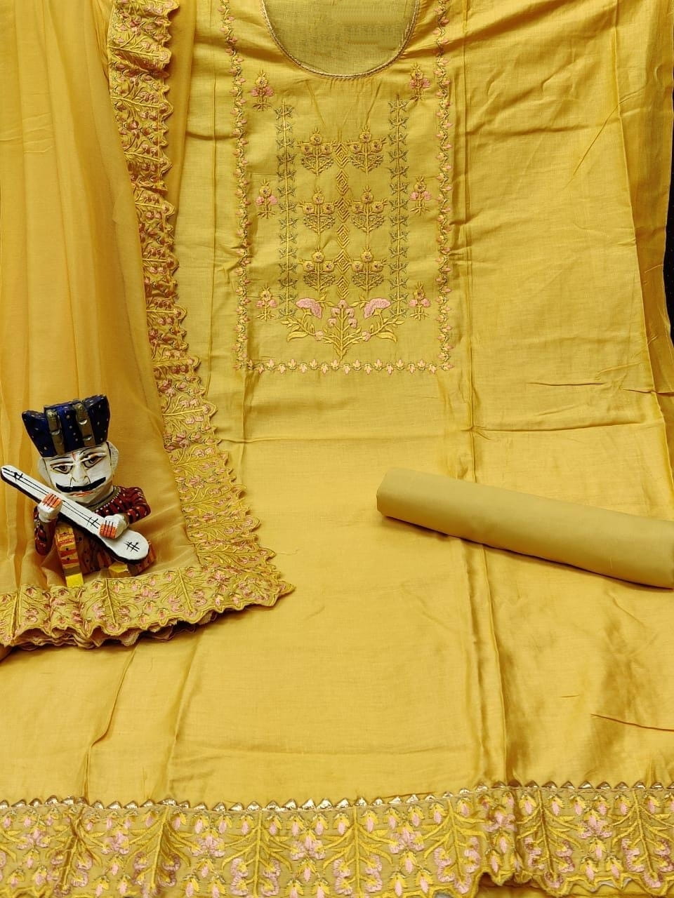 Amber Color Glaze Cotton Embroidered Work Fancy Salwar Suit For Women