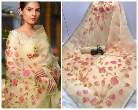 Mellow Color Designer Organza Digital Printed Party Wear Saree Blouse