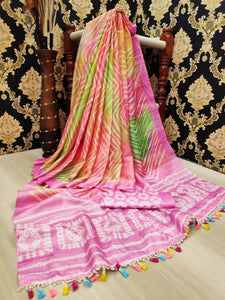 Taffy Pink Color Designer Linen Leheriya Digital Printed Saree Blouse For Party Wear