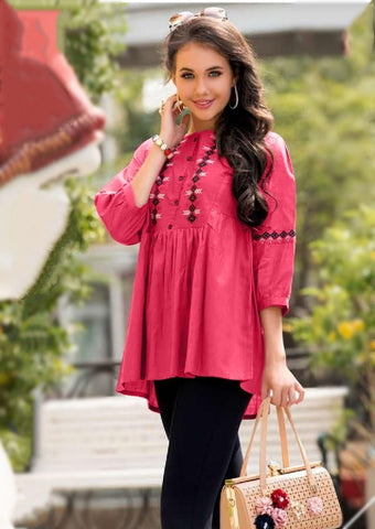 Alluring Pink Color Ready Made Jam Cotton Fancy Embroidered Work Stylish Western Top