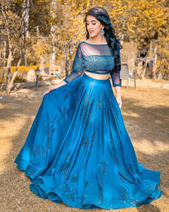 Wedding Wear Light Blue Color Taffeta Satin Zari Sequence Embroidered Work Crop Top Lehenga Choli