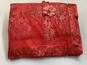 Firebrick Color Soft Net Fancy Rubin Work Flower With Hot Fix Diamond Border Saree Blouse For Party Wear