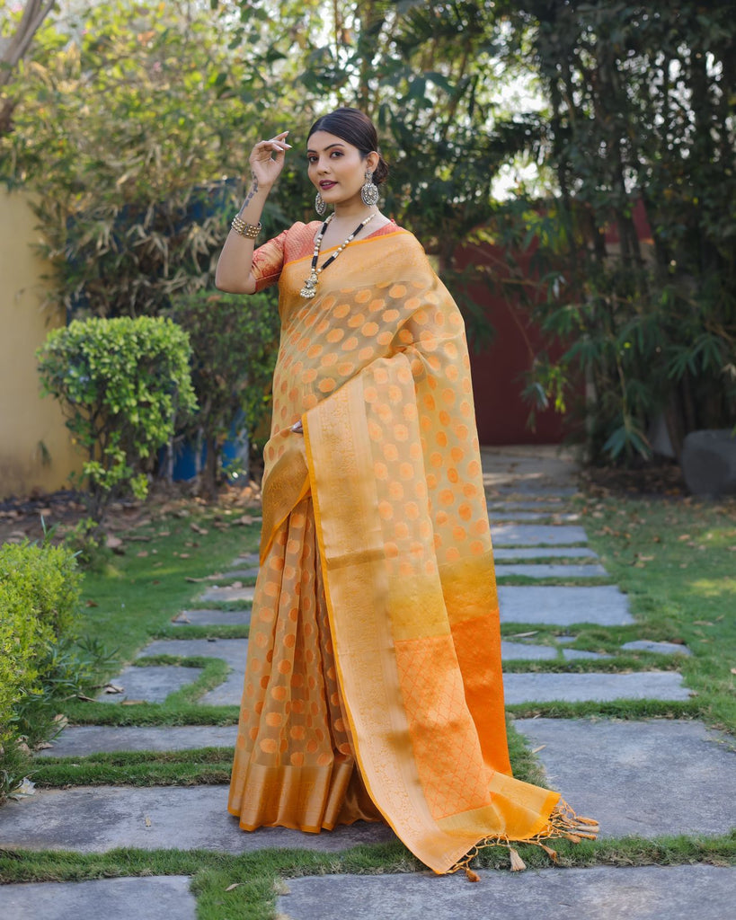 Buy Women's Soft Lichi Silk Golden Jari Design Saree With Heavy Jaquard  Border And Reach Pallu With Unstiched Blouse at