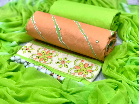 Apricot Color Cotton Silk Diamond Embroidered Work Salwar Suit For Women