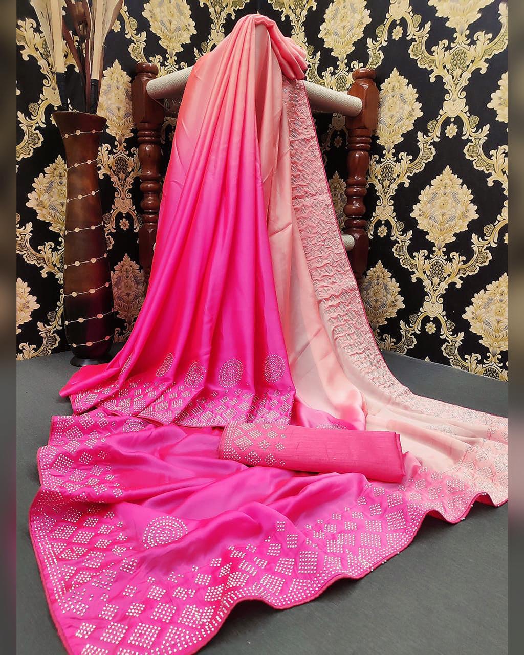 Entrancing Light Pink Color Designer Satin Silk Stone Diamond HB Machine Work Saree Blouse